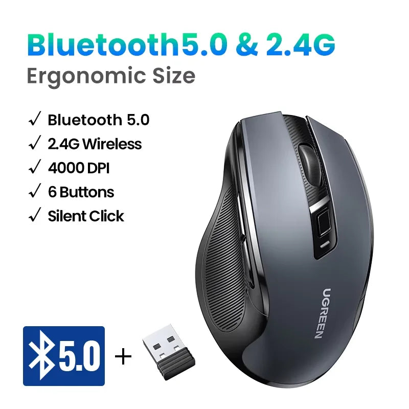 Mouse Sem Fio UGREEN — Bluetooth 5.0 + 2.4G, 4000DPI, 6 Botões Silenciosos