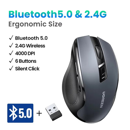 Mouse Sem Fio UGREEN — Bluetooth 5.0 + 2.4G, 4000DPI, 6 Botões Silenciosos
