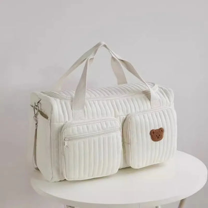 Baby Diaper Bag Cute Bear Flower Embroidery Pattern Mommy Bag Baby Beige Cotton Fabric Zipper Diaper Handbag New Luggage Bag