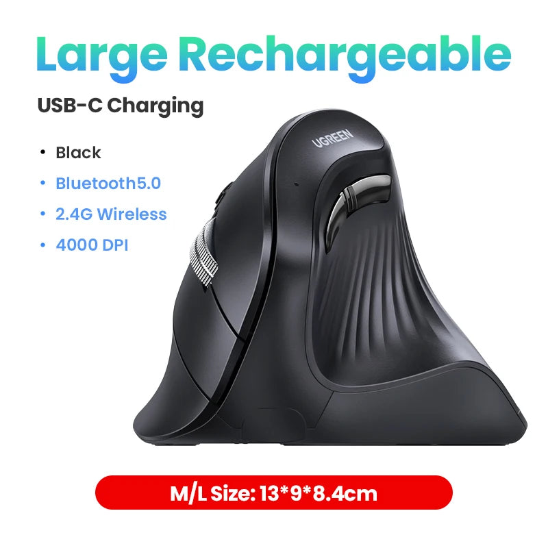 Mouse Vertical Sem Fio UGREEN — Bluetooth 5.0 + 2.4G, Recarregável, 4000DPI, Ergonômico
