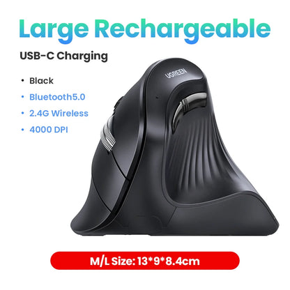 Mouse Vertical Sem Fio UGREEN — Bluetooth 5.0 + 2.4G, Recarregável, 4000DPI, Ergonômico