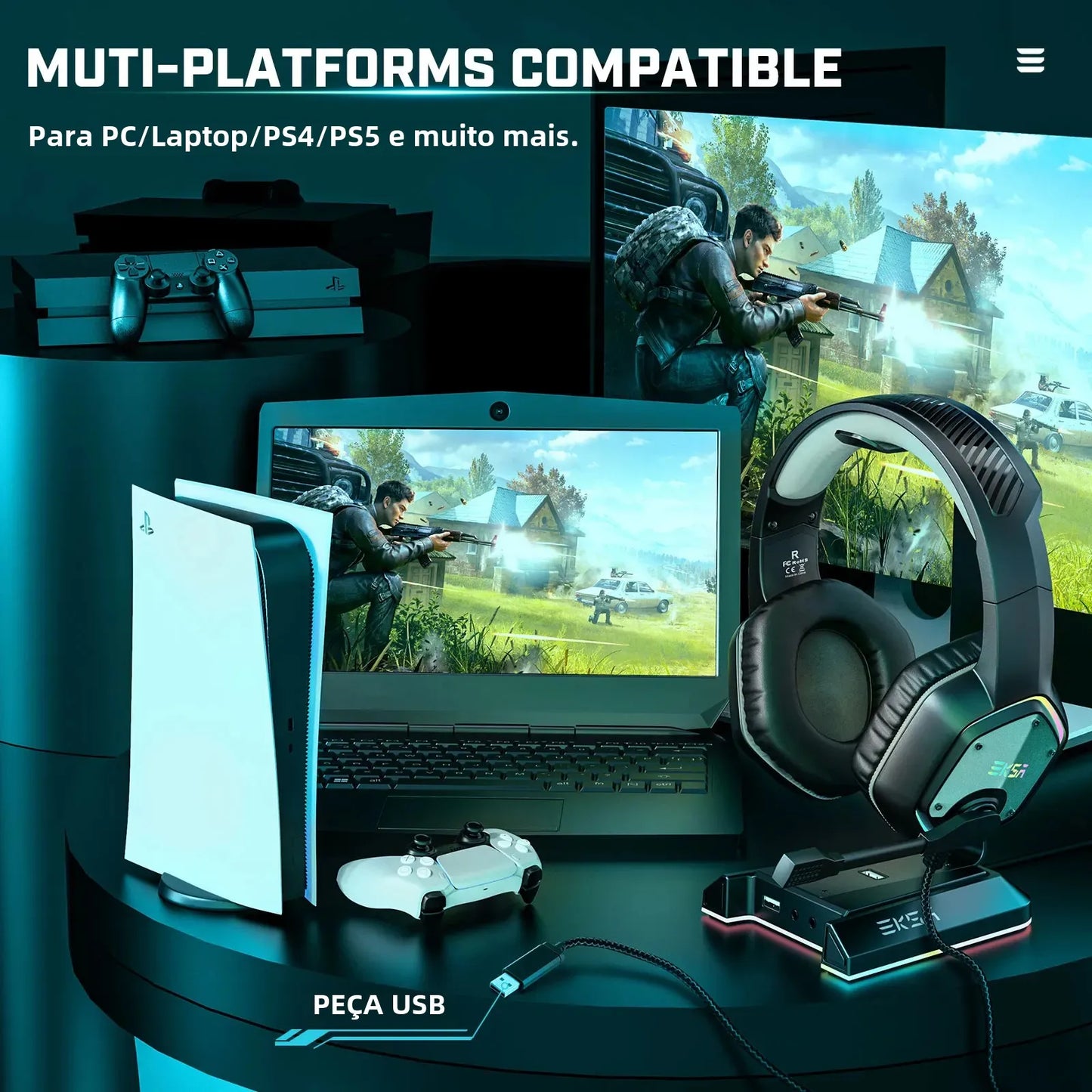 EKSA E1000 Wired Gaming Headphones  Esports Headset  7.1 Surround Sound  Hyperclear Cardioid Mic  For PS4 PS5 Xbox Laptop