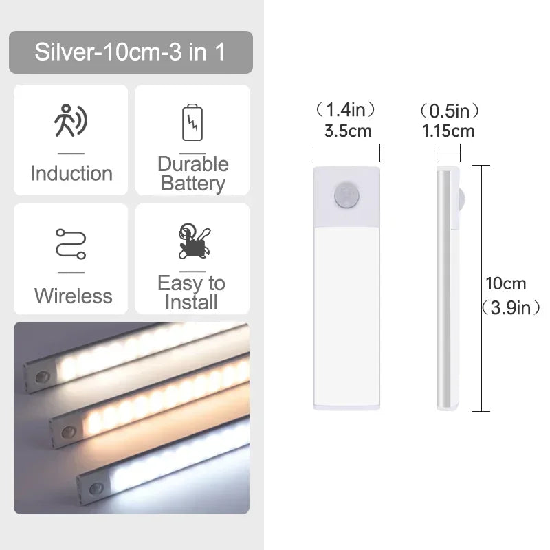 Luz LED com Sensor de Movimento Recarregável — 10 a 60cm para Armário, Quarto e Cozinha
