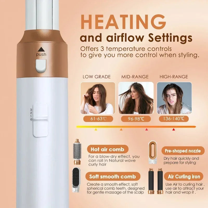 Kit 5 em 1 Secador e Pente Térmico Profissional — Prancha, Cachos e Styling