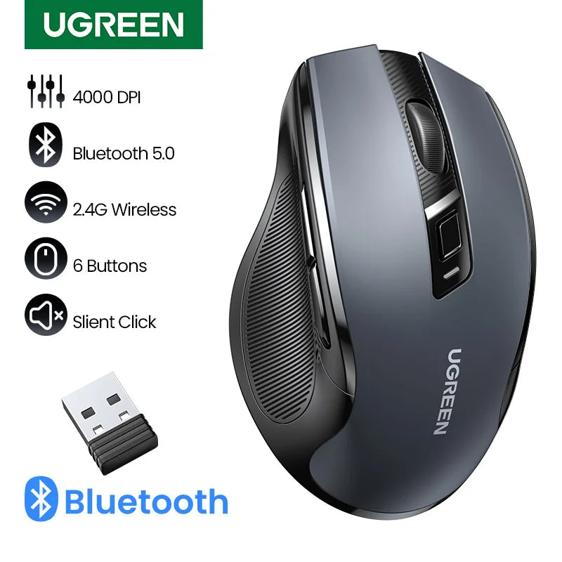 Mouse Sem Fio UGREEN — Bluetooth 5.0 + 2.4G, 4000DPI, 6 Botões Silenciosos
