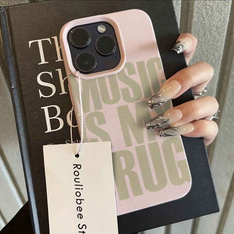 For iPhone 17 Pro Max 16 15 14 13 12 11 XS X XR 7 8 16 Plus 17 Air Phone Case MUSIC IS MY DRUG Pattern Lychee Texture Soft Cover