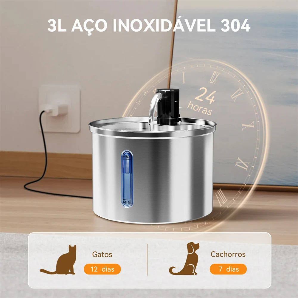 Bebedouro Automático para Gatos e Cães Newpet 3L — Aço Inox, Silencioso, com Filtro