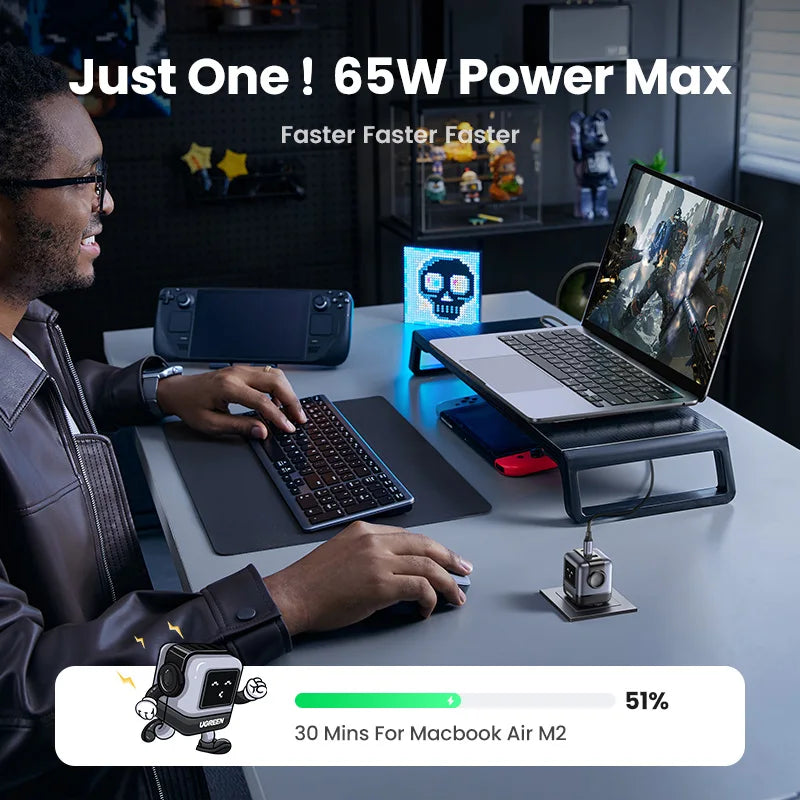 Carregador UGREEN 65W GaN Design Uno Robot — PD 3.0 | iPhone 17, MacBook e Xiaomi
