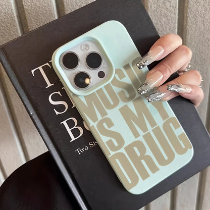 For iPhone 17 Pro Max 16 15 14 13 12 11 XS X XR 7 8 16 Plus 17 Air Phone Case MUSIC IS MY DRUG Pattern Lychee Texture Soft Cover