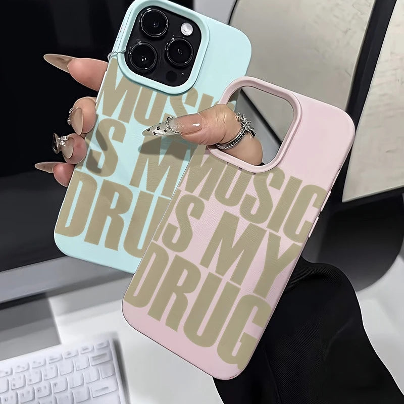 For iPhone 17 Pro Max 16 15 14 13 12 11 XS X XR 7 8 16 Plus 17 Air Phone Case MUSIC IS MY DRUG Pattern Lychee Texture Soft Cover