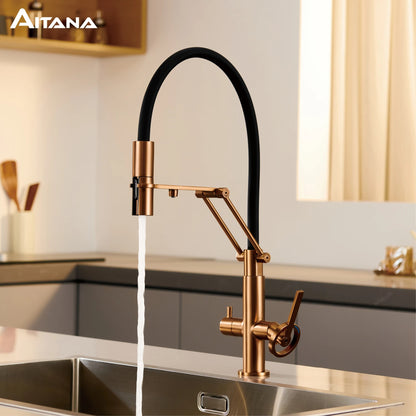 Torneira de Cozinha Industrial Bronze Escovado Ouro Rosé — Filtro Separado | Água Quente e Fria