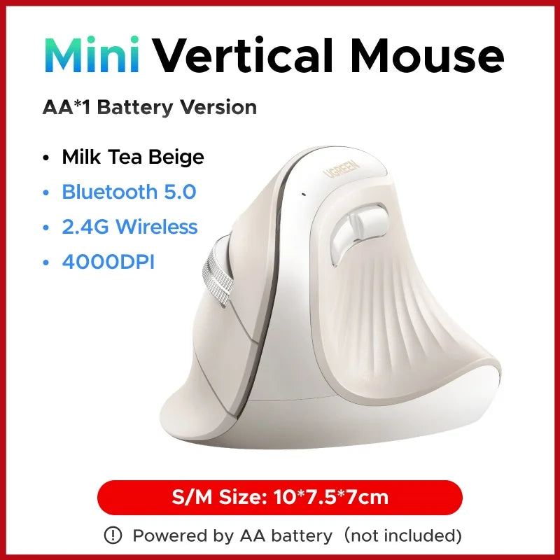 Mouse Vertical Sem Fio UGREEN — Bluetooth 5.0 + 2.4G, Recarregável, 4000DPI, Ergonômico