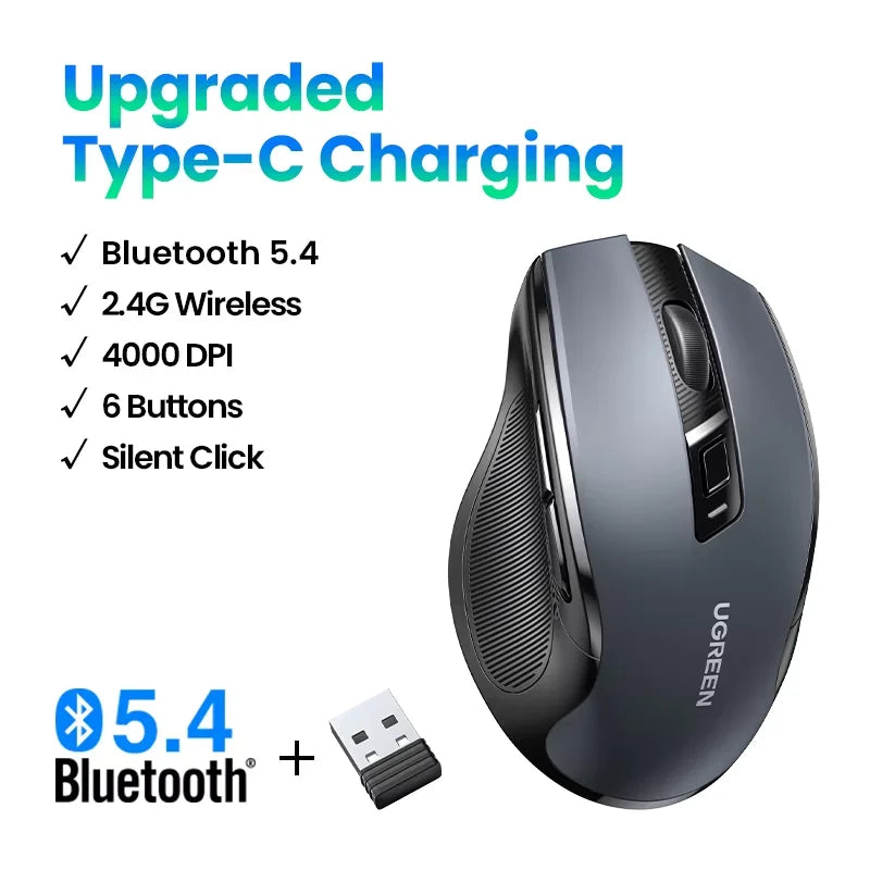 Mouse Sem Fio UGREEN — Bluetooth 5.0 + 2.4G, 4000DPI, 6 Botões Silenciosos