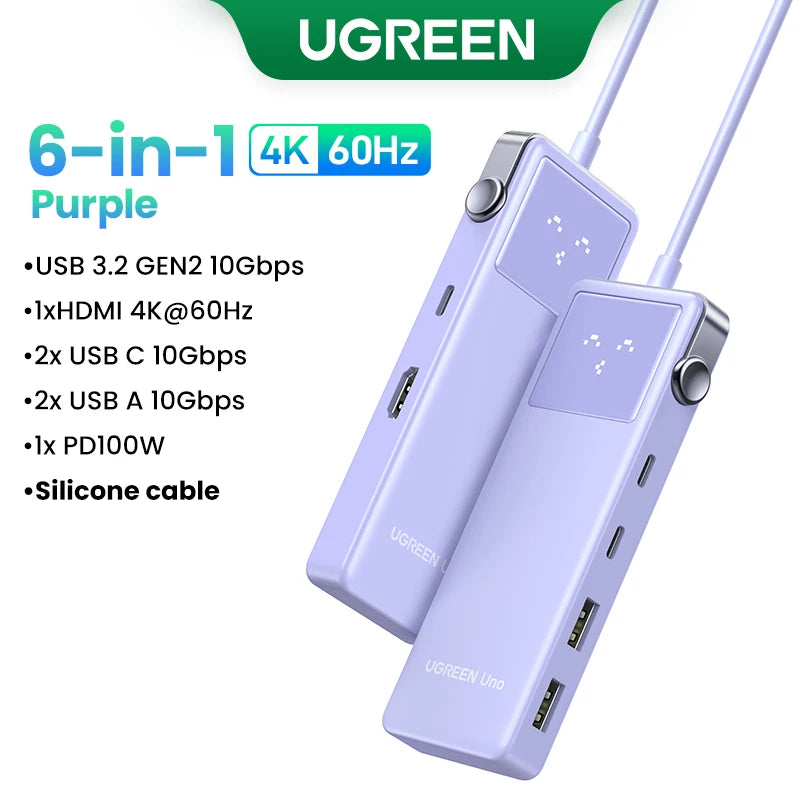 Hub USB-C UGREEN Uno 6 em 1 — 4K60Hz, PD 100W, USB 3.2 10Gbps, para MacBook e Notebook