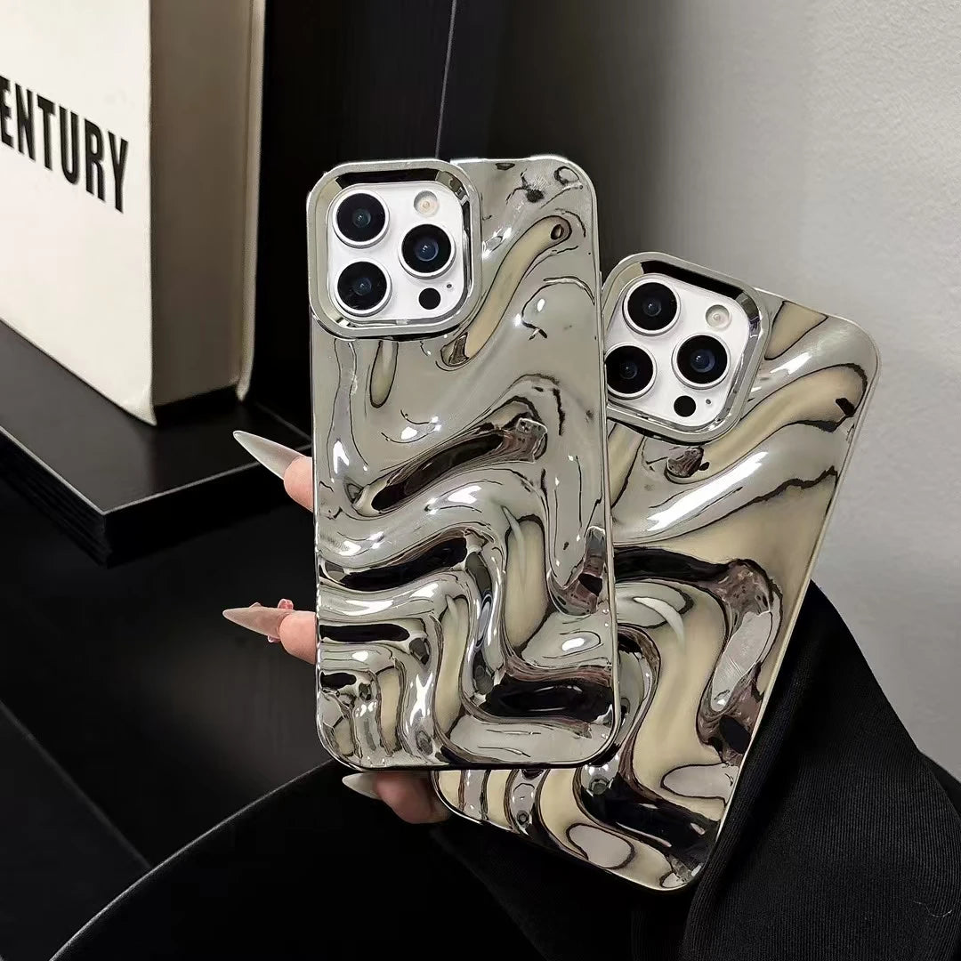 A silver-plated 3D personalized water wave pattern phone case, suitable for iPhone 11, iPhone 13, iPhone 14 Pro Max, iPhone 15,