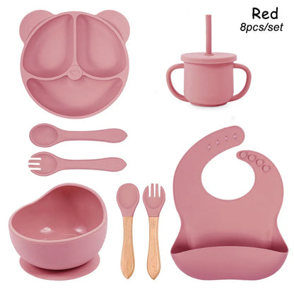 8Pcs/5Pcs Silicone Tableware For Kids Baby Feeding Set Cartoon Plate Personalized Name Sucker Cup Plate Bowl Bib Newborn Gift