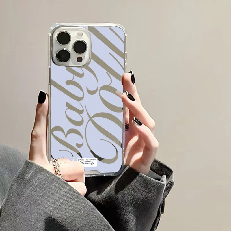 Blue Silver Plated Mirror English Phone Case For iPhone 17 16 Pro Max 15 14 13 12 11 Pro XS X XR 7 8 Plus Shockproof Soft Cover