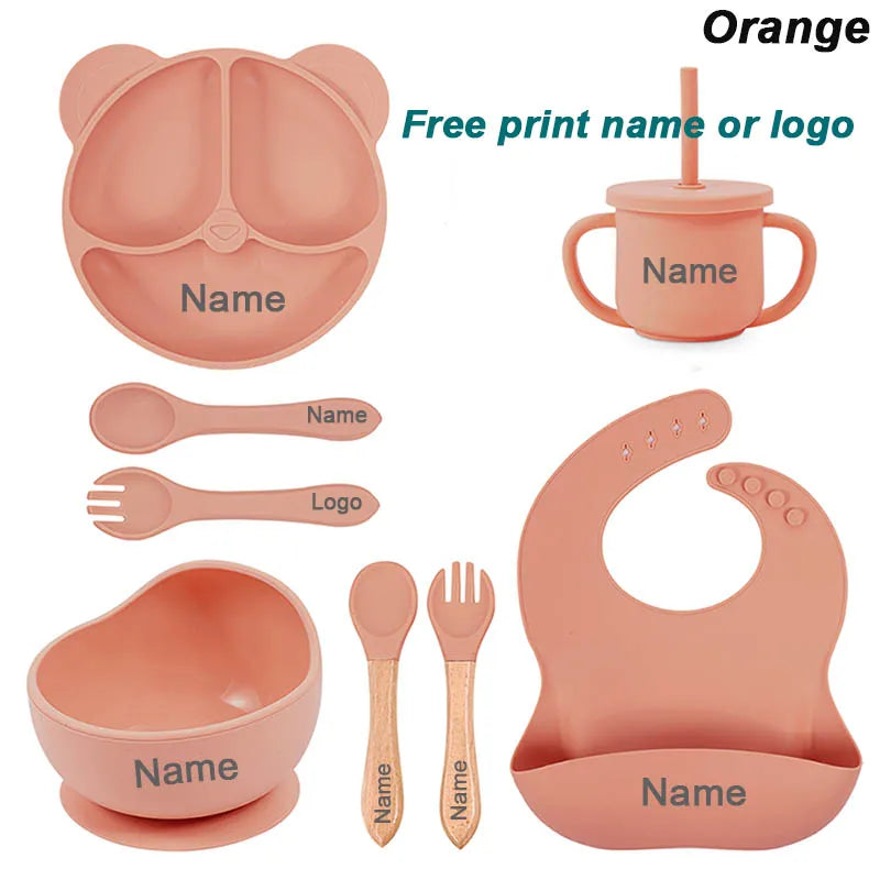 8Pcs/5Pcs Silicone Tableware For Kids Baby Feeding Set Cartoon Plate Personalized Name Sucker Cup Plate Bowl Bib Newborn Gift