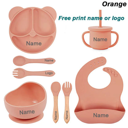 8Pcs/5Pcs Silicone Tableware For Kids Baby Feeding Set Cartoon Plate Personalized Name Sucker Cup Plate Bowl Bib Newborn Gift