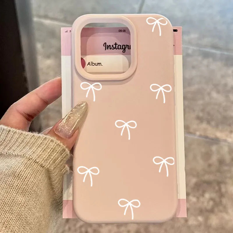 White And Pink Bow Love Heart Print Phone Case For iPhone 17 16 15 Pro Max 14 13 12 11 16 15 Plus 17 Air Shockproof Bumper Cover