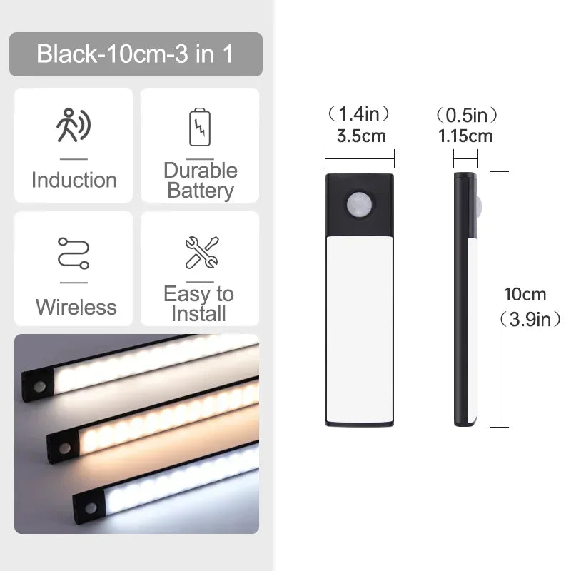 Luz LED com Sensor de Movimento Recarregável — 10 a 60cm para Armário, Quarto e Cozinha