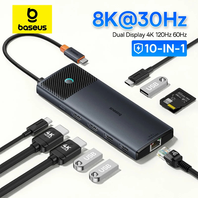 Hub USB-C Baseus 10 em 1 — Dual HDMI 8K+4K, USB 3.2 10Gbps, RJ45, SD/TF, PD 100W