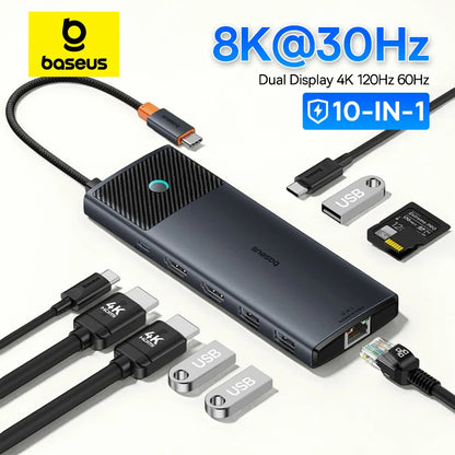 Hub USB-C Baseus 10 em 1 — Dual HDMI 8K+4K, USB 3.2 10Gbps, RJ45, SD/TF, PD 100W