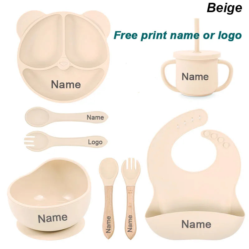 8Pcs/5Pcs Silicone Tableware For Kids Baby Feeding Set Cartoon Plate Personalized Name Sucker Cup Plate Bowl Bib Newborn Gift