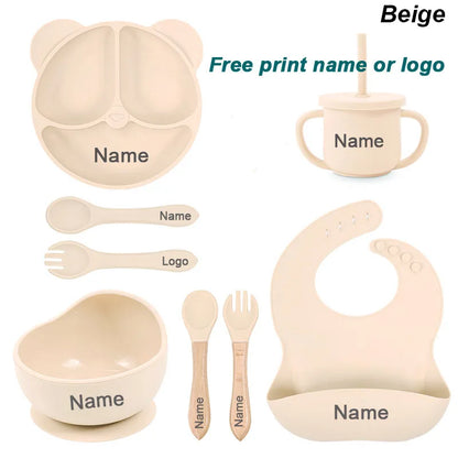 8Pcs/5Pcs Silicone Tableware For Kids Baby Feeding Set Cartoon Plate Personalized Name Sucker Cup Plate Bowl Bib Newborn Gift