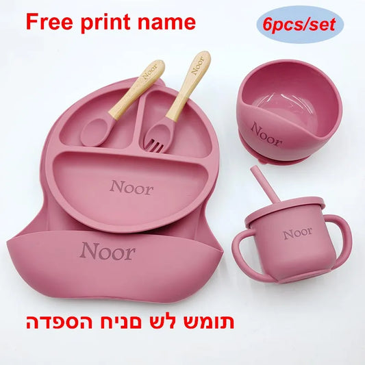 Kit Infantil de Silicone 6 Peças – Prato, Tigela, Colher, Garfo, Copo e Babador