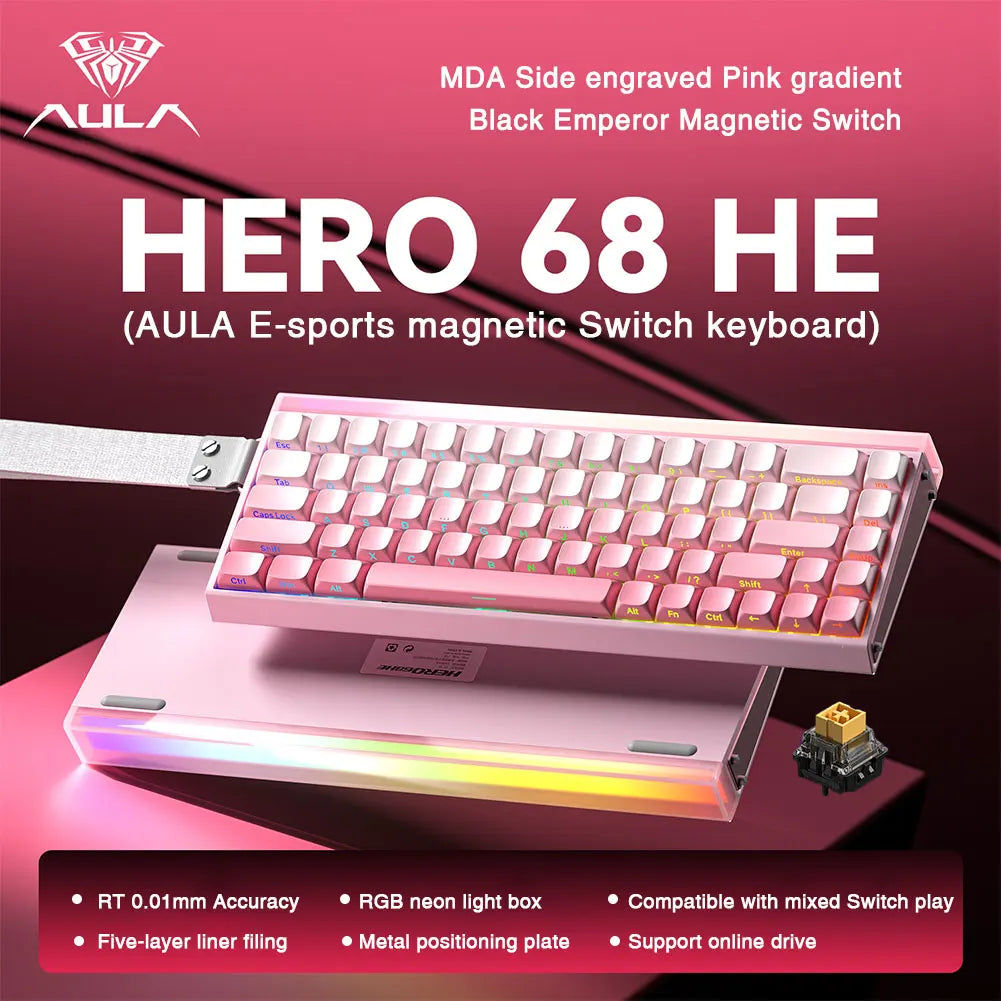 Teclado Gamer AULA HERO 68HE — Switch Magnético, Rapid Trigger 8K, RGB, Wired