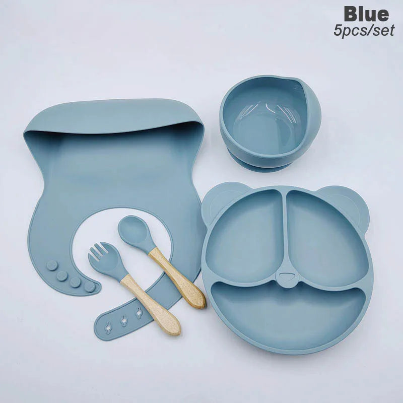 8Pcs/5Pcs Silicone Tableware For Kids Baby Feeding Set Cartoon Plate Personalized Name Sucker Cup Plate Bowl Bib Newborn Gift