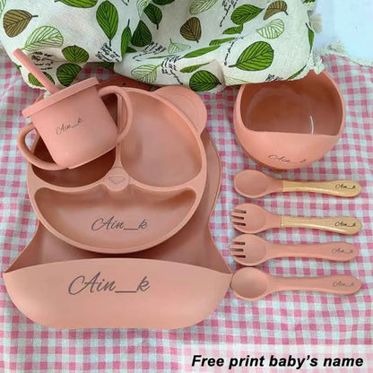 8Pcs/5Pcs Silicone Tableware For Kids Baby Feeding Set Cartoon Plate Personalized Name Sucker Cup Plate Bowl Bib Newborn Gift