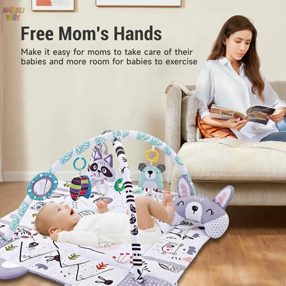 4 in 1 Baby Gym Tummy Time Play Mat Foldable Baby Play Gym with Mirror & Pillow Thickened Gym for Babies 0-36 M Educational Toy