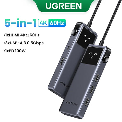 Hub USB-C UGREEN Uno 6 em 1 — 4K60Hz, PD 100W, USB 3.2 10Gbps, para MacBook e Notebook