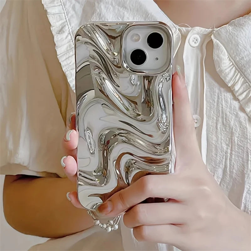 A silver-plated 3D personalized water wave pattern phone case, suitable for iPhone 11, iPhone 13, iPhone 14 Pro Max, iPhone 15,