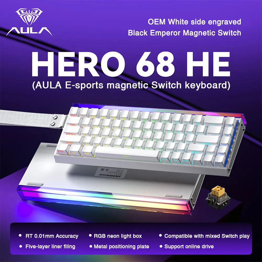 Teclado Gamer AULA HERO 68HE — Switch Magnético, Rapid Trigger 8K, RGB, Wired