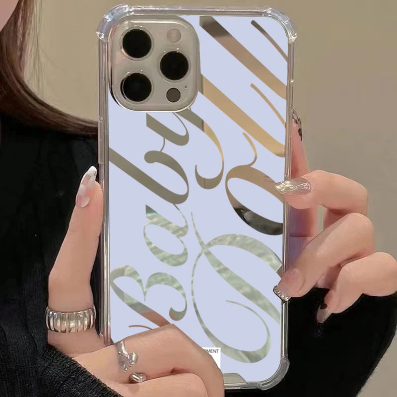 Blue Silver Plated Mirror English Phone Case For iPhone 17 16 Pro Max 15 14 13 12 11 Pro XS X XR 7 8 Plus Shockproof Soft Cover