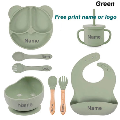 8Pcs/5Pcs Silicone Tableware For Kids Baby Feeding Set Cartoon Plate Personalized Name Sucker Cup Plate Bowl Bib Newborn Gift