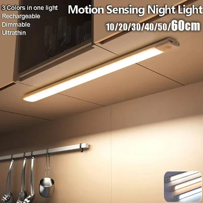 Luz LED com Sensor de Movimento Recarregável — 10 a 60cm para Armário, Quarto e Cozinha