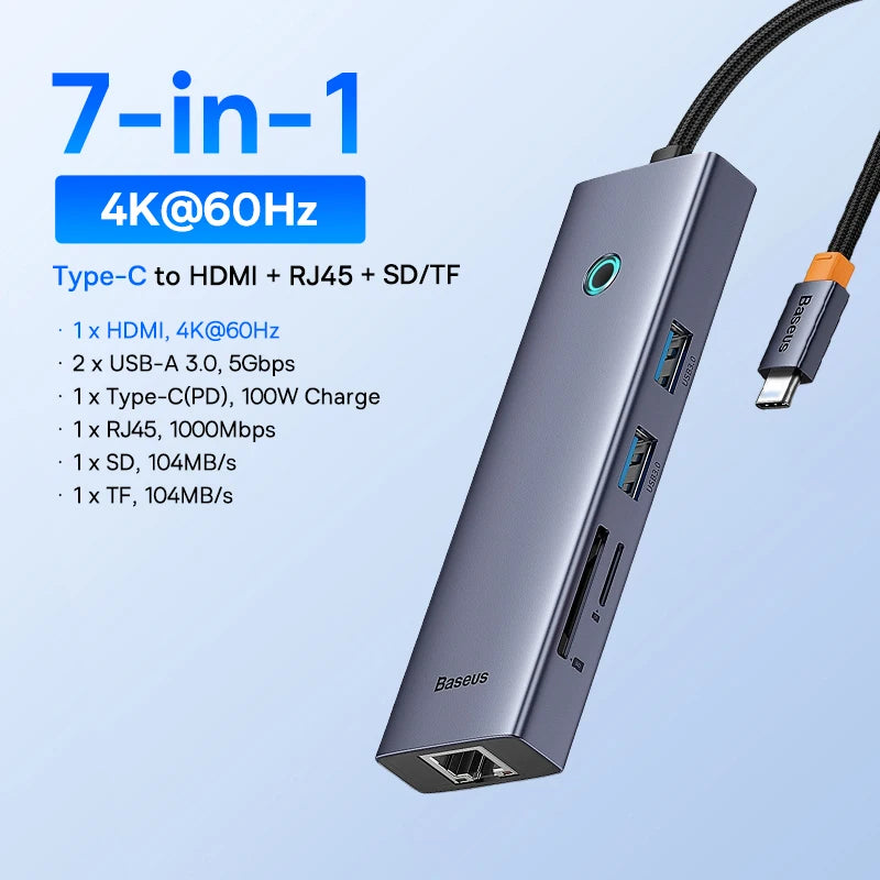 Hub USB-C Baseus 10 em 1 — Dual HDMI 8K+4K, USB 3.2 10Gbps, RJ45, SD/TF, PD 100W
