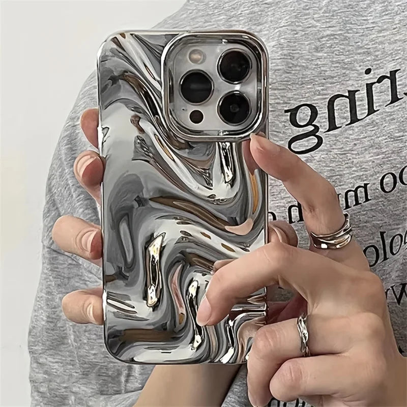 A silver-plated 3D personalized water wave pattern phone case, suitable for iPhone 11, iPhone 13, iPhone 14 Pro Max, iPhone 15,