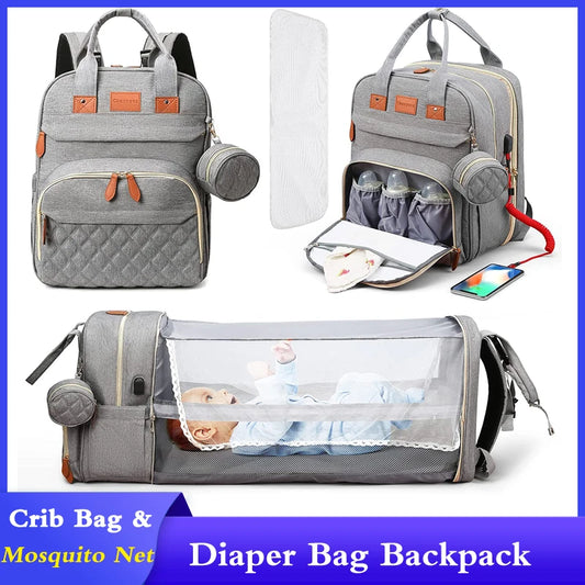 Mochila Maternidade 3 em 1 com Berço Dobrável e Carregador USB
