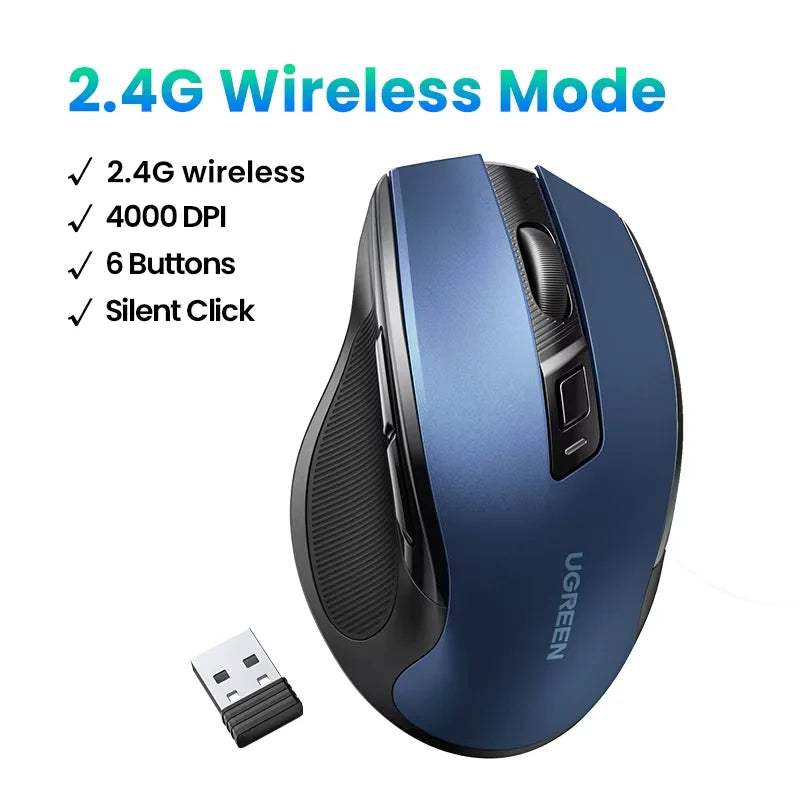 Mouse Sem Fio UGREEN — Bluetooth 5.0 + 2.4G, 4000DPI, 6 Botões Silenciosos