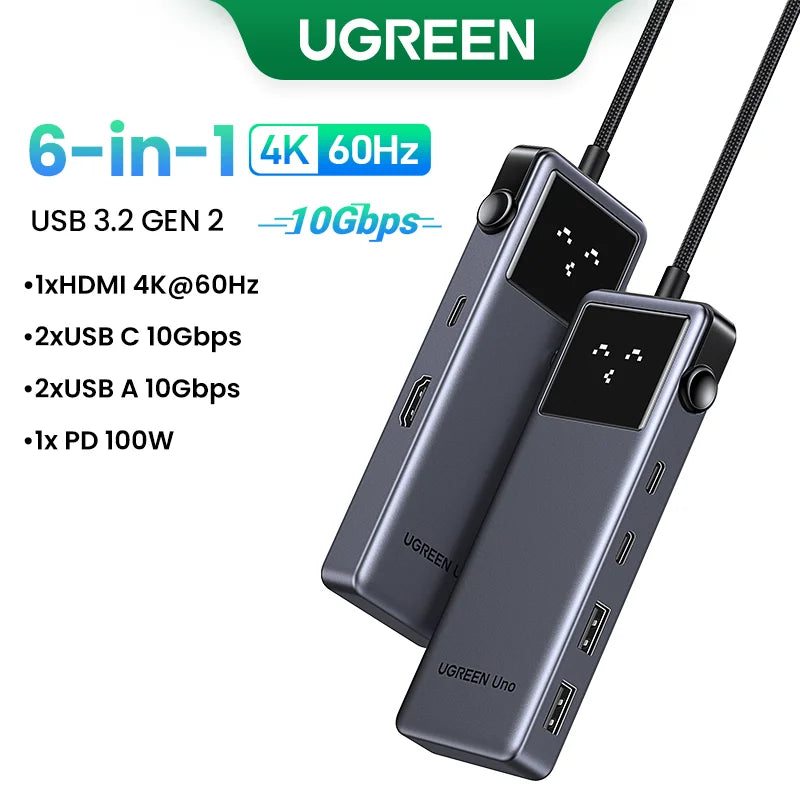 Hub USB-C UGREEN Uno 6 em 1 — 4K60Hz, PD 100W, USB 3.2 10Gbps, para MacBook e Notebook