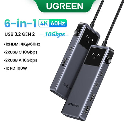 Hub USB-C UGREEN Uno 6 em 1 — 4K60Hz, PD 100W, USB 3.2 10Gbps, para MacBook e Notebook