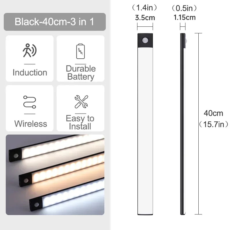 Luz LED com Sensor de Movimento Recarregável — 10 a 60cm para Armário, Quarto e Cozinha