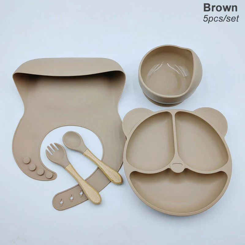 8Pcs/5Pcs Silicone Tableware For Kids Baby Feeding Set Cartoon Plate Personalized Name Sucker Cup Plate Bowl Bib Newborn Gift