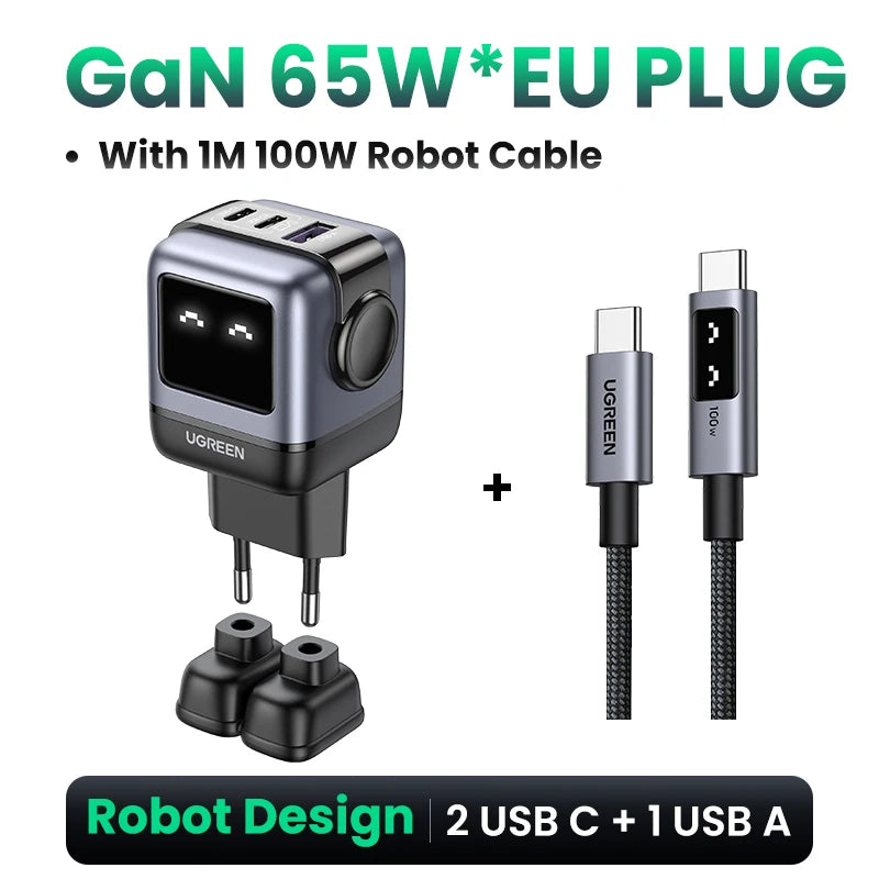 Carregador UGREEN 65W GaN Design Uno Robot — PD 3.0 | iPhone 17, MacBook e Xiaomi