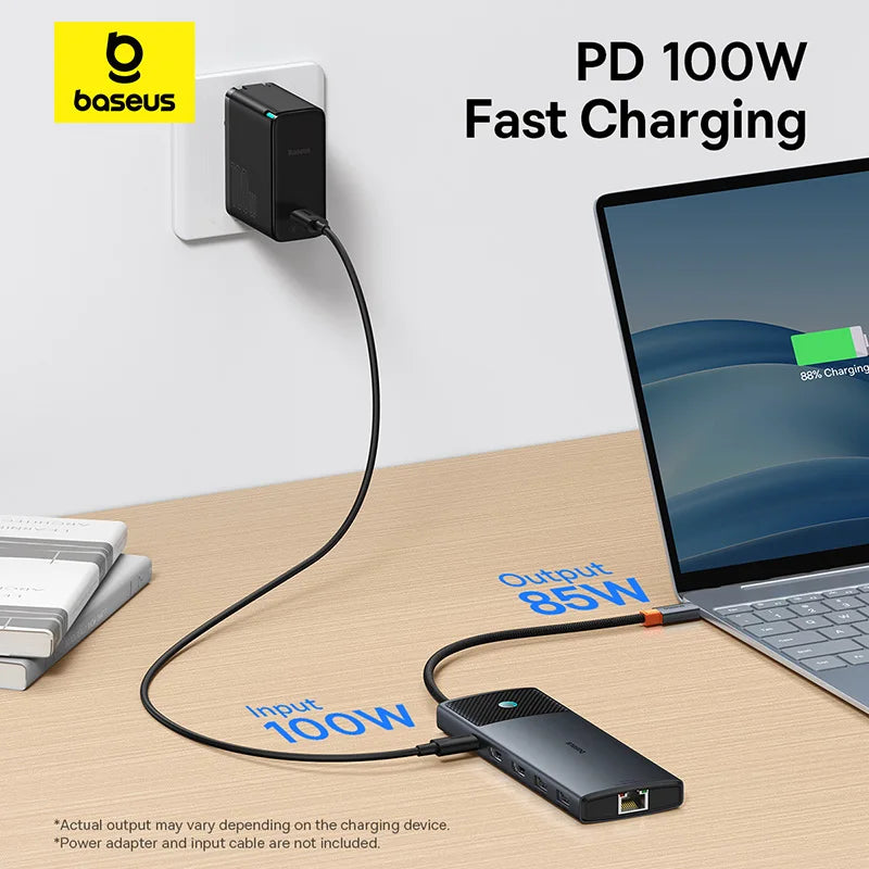 Hub USB-C Baseus 10 em 1 — Dual HDMI 8K+4K, USB 3.2 10Gbps, RJ45, SD/TF, PD 100W